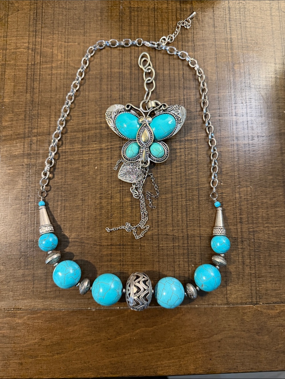 Turquoise Bead & Butterfly Pendant Necklace - Women's Jewelry